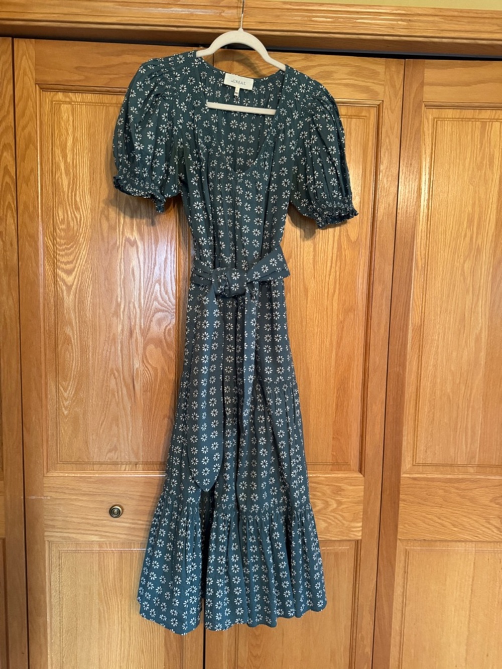 The GREAT Teal Floral Puff-Sleeve Maxi Dress with Tie Waist w/pockets